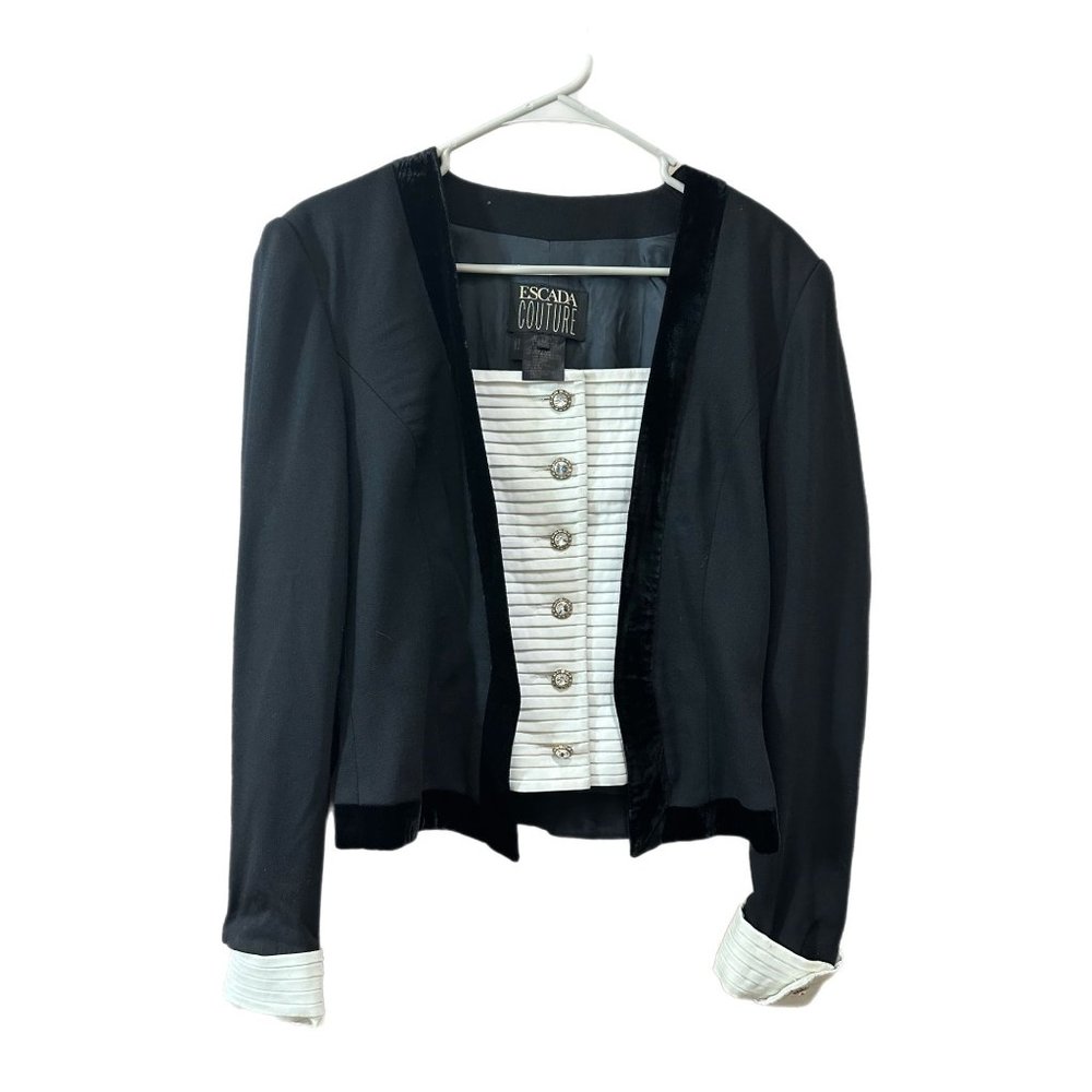 ESCADA COUTURE Women’s EU Size 38 Black Wool w/Velvet Trim Tuxedo Style Top READ
